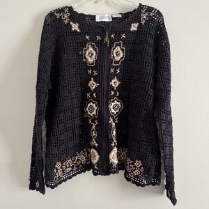 VTG Casual Corner ANNEX Womens XL Black Crochet Cardigan Boho Embroidered Zip